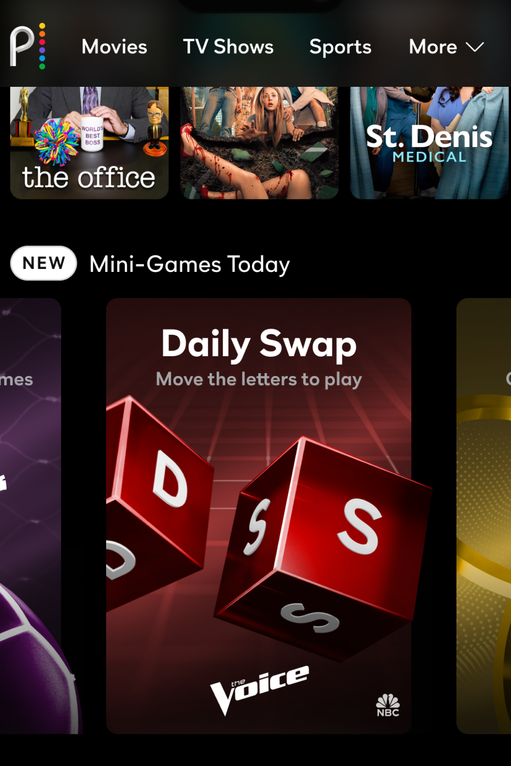 On the Peacock mobile app, a gallery of "New Mini-Games today" shows a Daily Swap tile branded after The Voice.