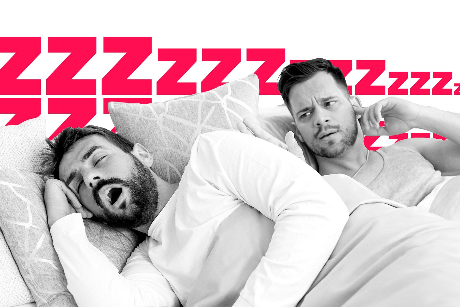 Two men in bed, one plugging one ear and reaching out to his partner who is loudly snoring