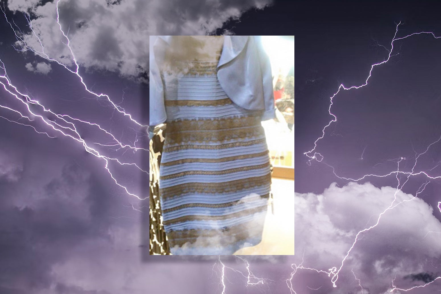 The viral photo of The Dress against a backdrop of violent storm clouds and lightning. 