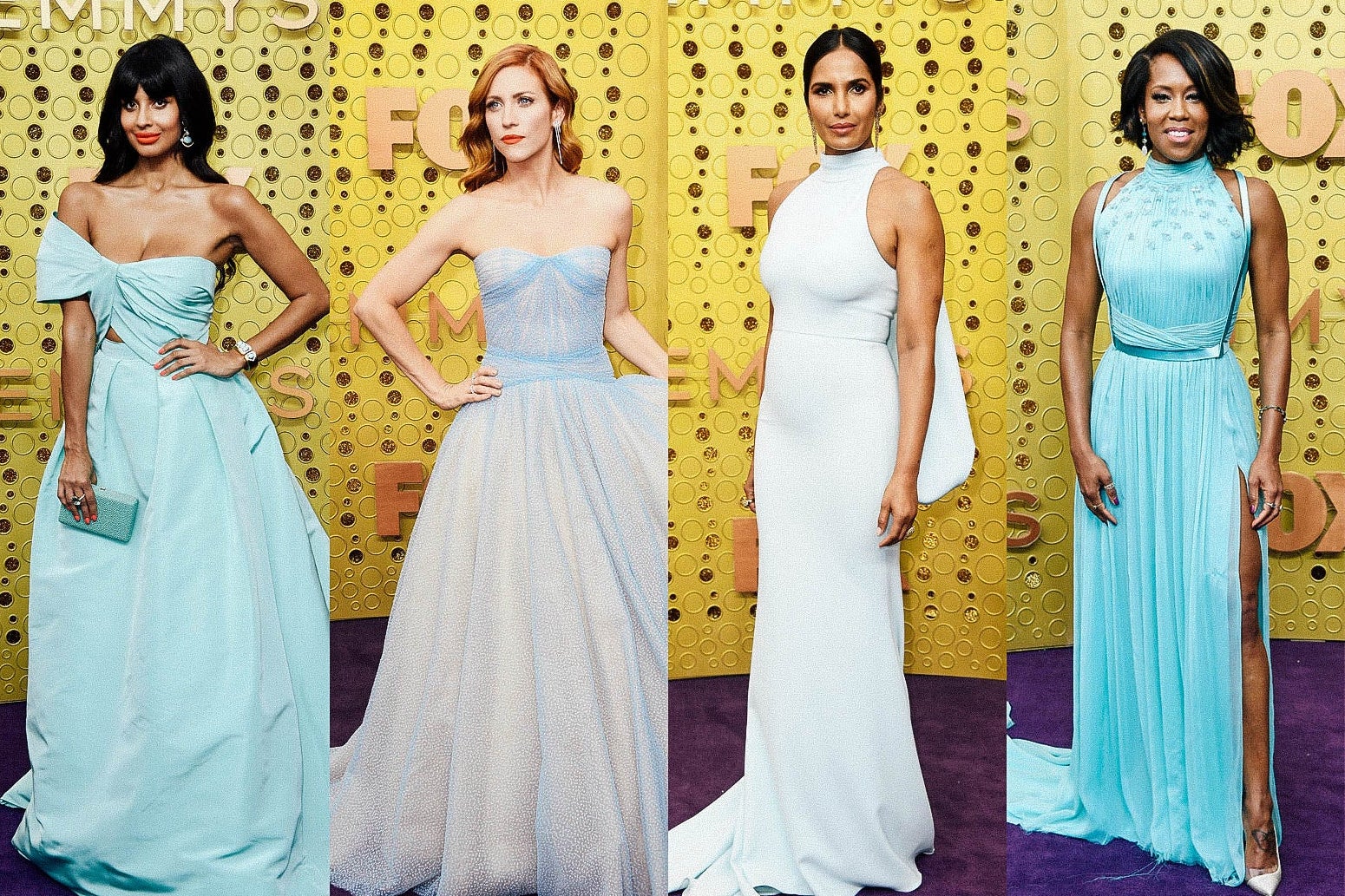 Jameela Jamil, Brittany Snow, Padma Lakshmi, and Regina King on the Emmys purple carpet.