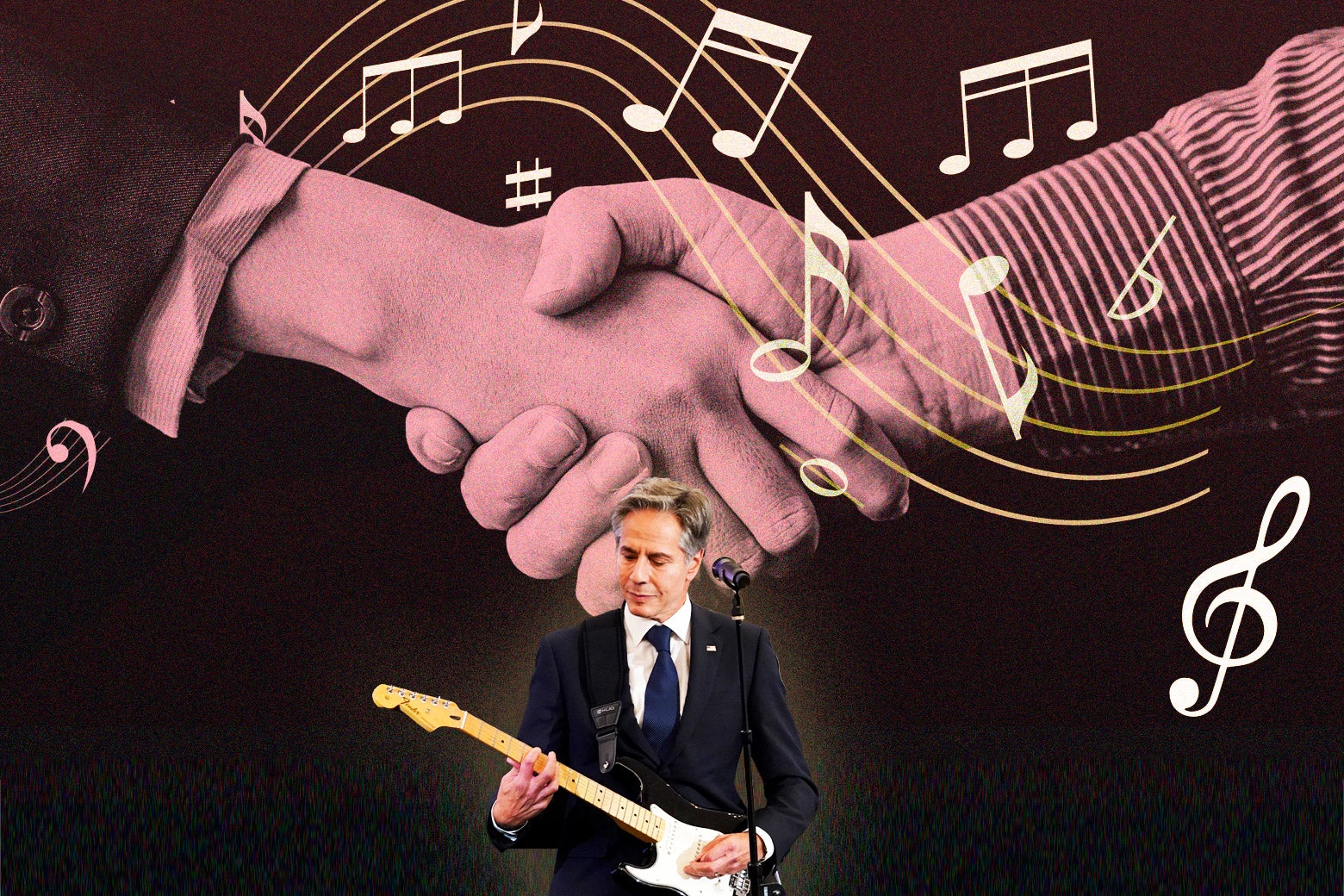 In the foreground, Secretary of State Antony Blinken plays an electric guitar. In the background, musical notes swirl around two people's hands, clasped in a handshake.