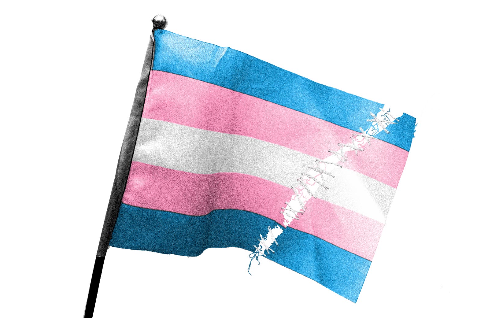 A pro-transgender flag with a tear in it
