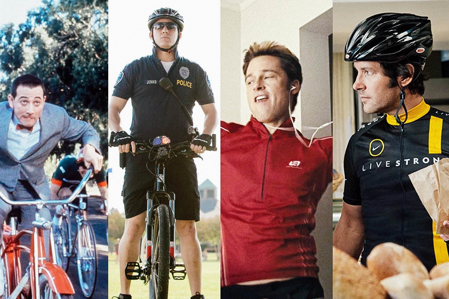 Pee-wee Herman, Channing Tatum in 21 Jump Street, Brad Pitt in Burn After Reading, and Paul Rudd in This Is 40, all looking like nerds on bikes or in bike gear.