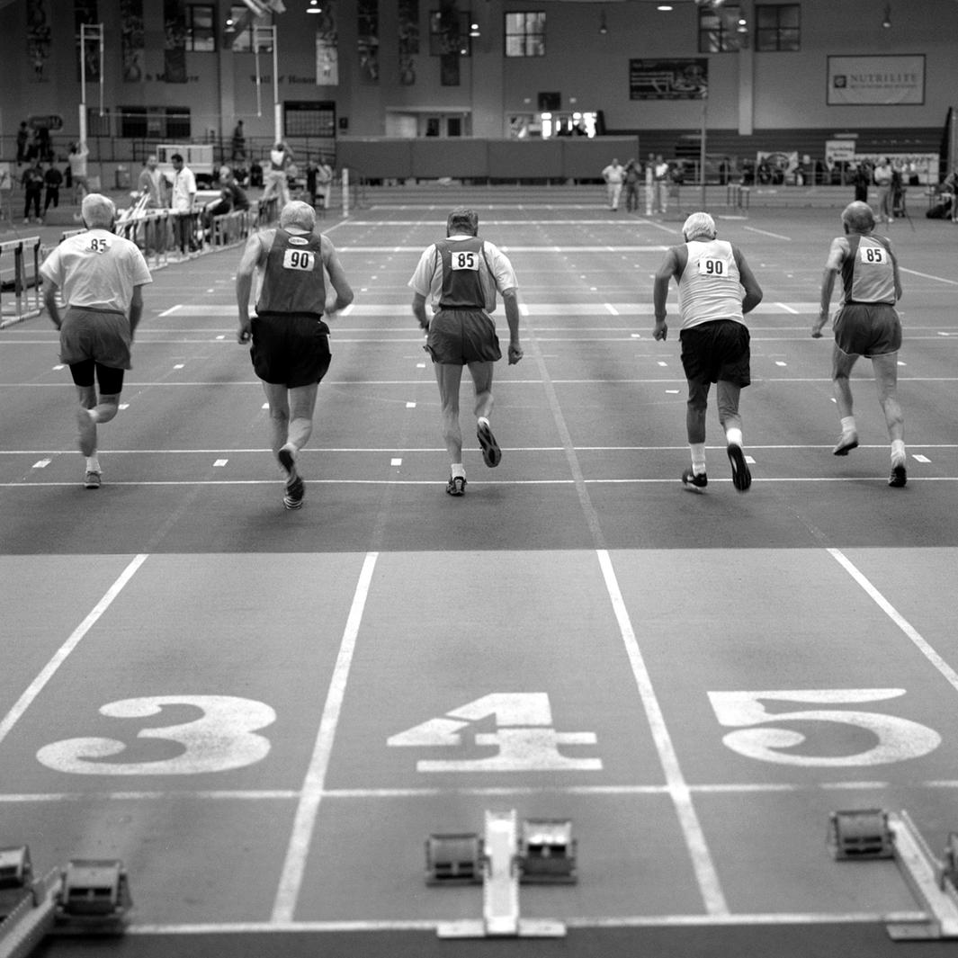 55 meter sprinters, 85 and over age bracket. 2008 USA Master's Indoor Track & Field Championship in Boston, Massachusetts. March, 2008.