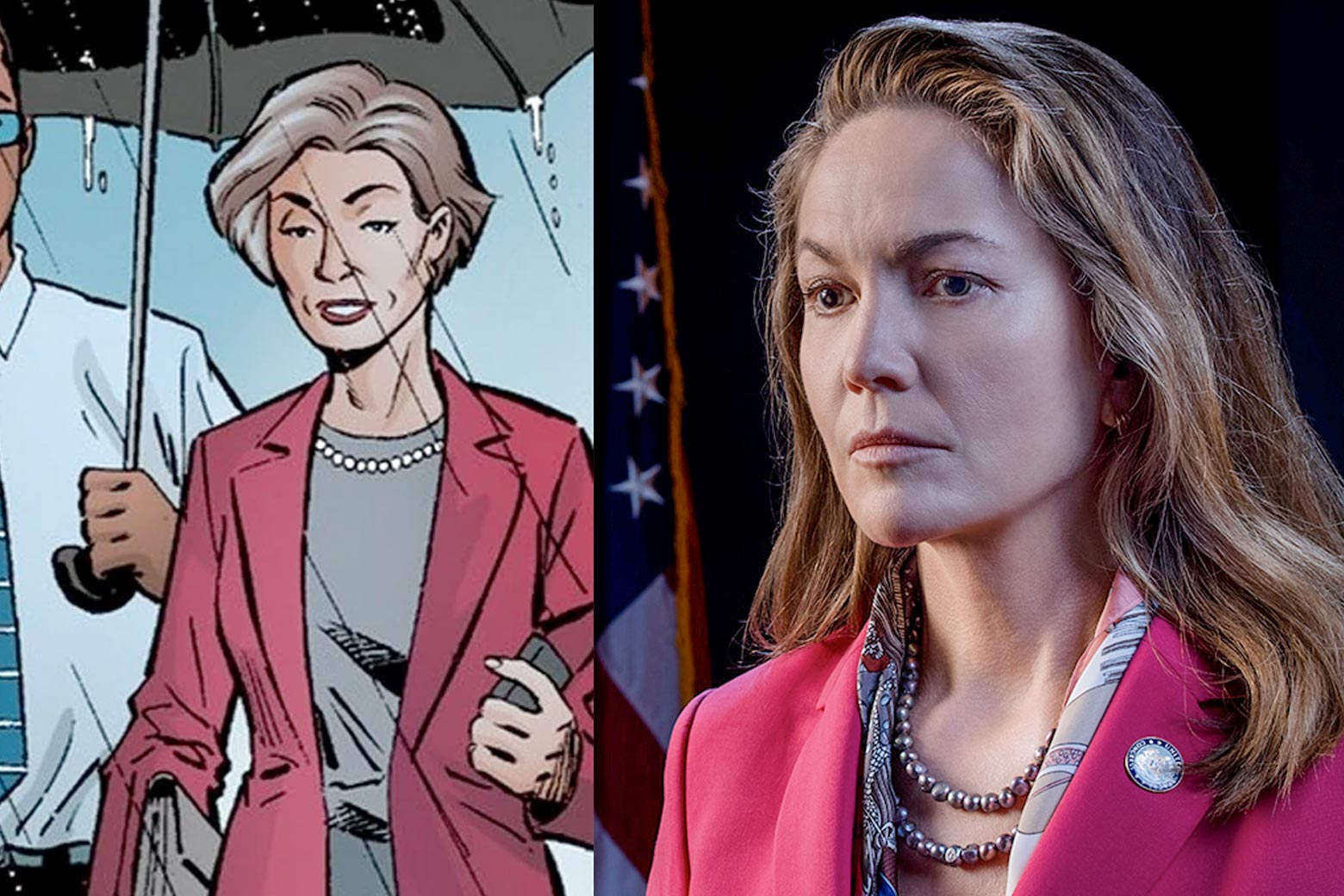 Side-by-side images of Jennifer Brown in the comic and Diane Lane as Jennifer Brown in the TV show