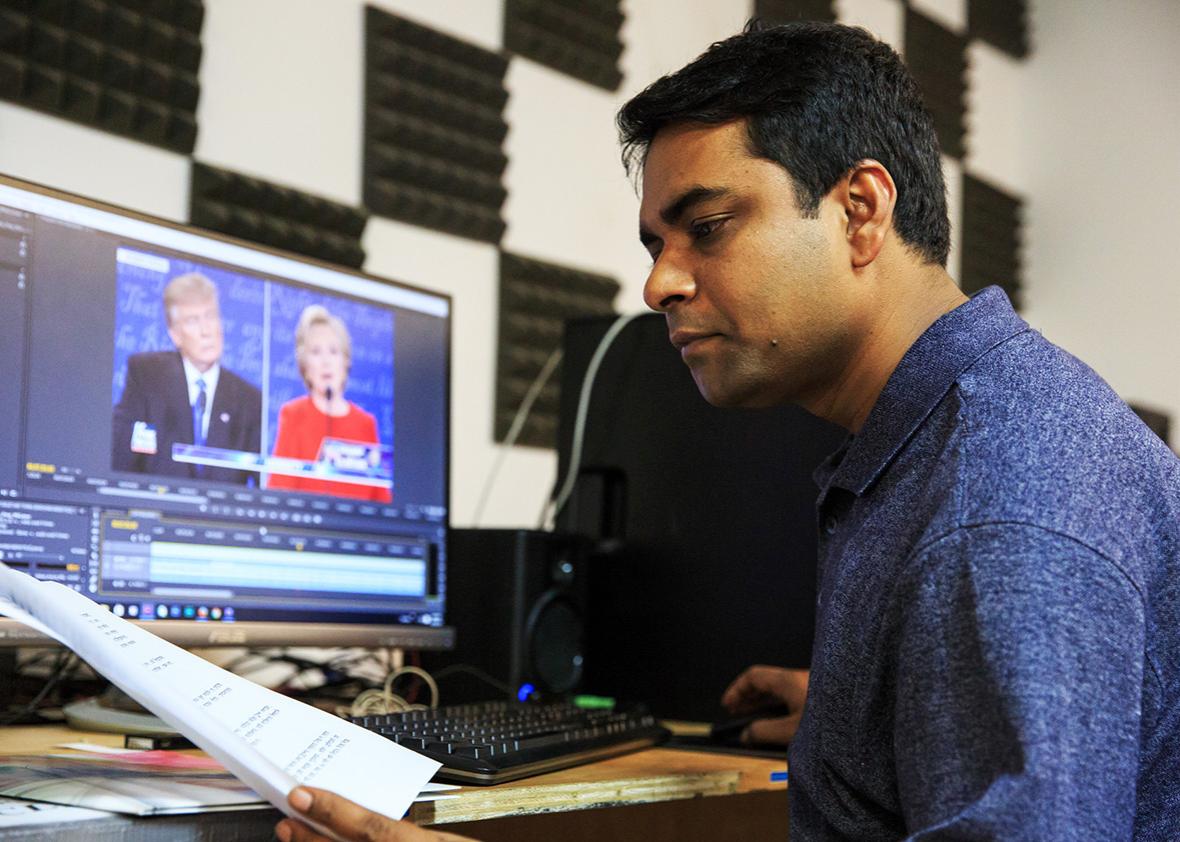 Shahed Alam, a reporter for Time Television who is covering the presidential debates for the station's Bangladeshi and South Asian community, is seen at his editing desk at the station's office on September 30th, 2016 in Long Island City, New York.