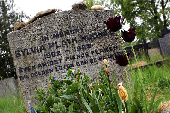 The grave of American writer and poet Sylvia Plath (1932 - 1963) at St. Thomas Beckett churchyard, Heptonstall, West Yorkshire, May 2011.