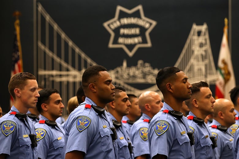 Rows of San Francisco police recruits standing at attention.