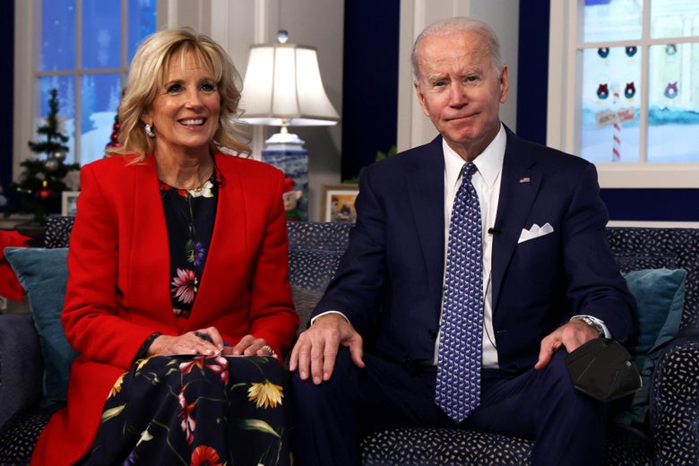 President Joe Biden and first lady Dr. Jill Biden participate in an event to call NORAD and track the path of Santa Claus on Christmas Eve in the South Court Auditorium of the Eisenhower Executive Building on December 24, 2021 in Washington, D.C.