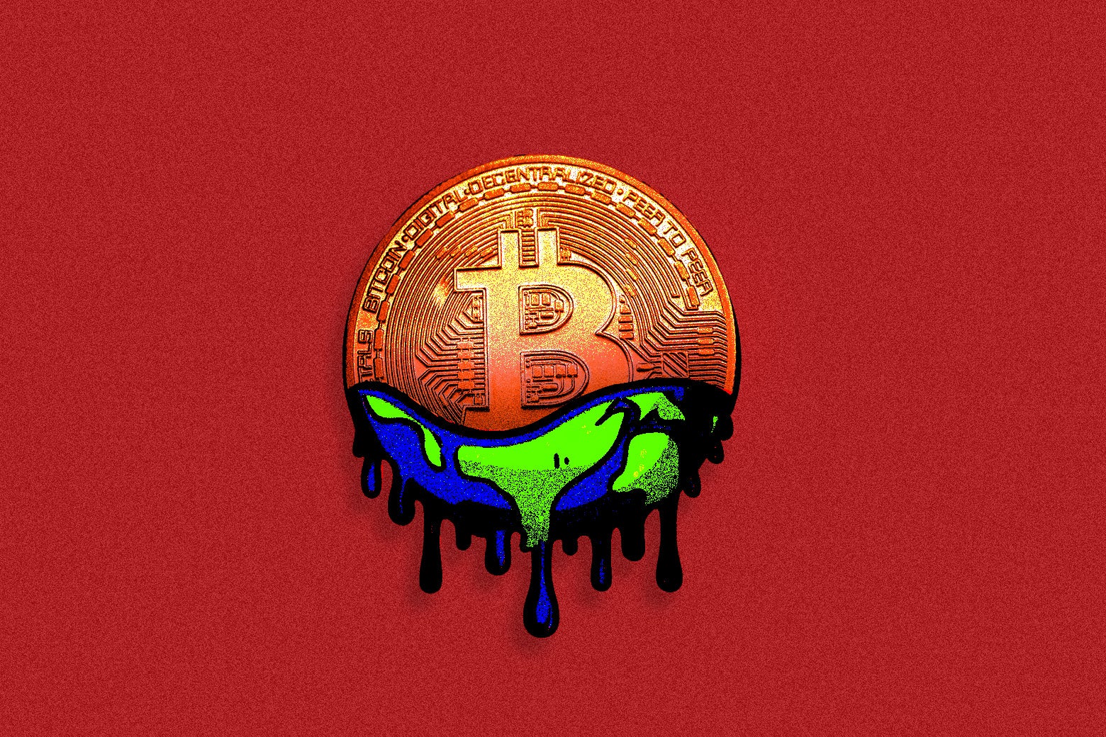 The planet, sweating from climate change, being taken over by a Bitcoin.
