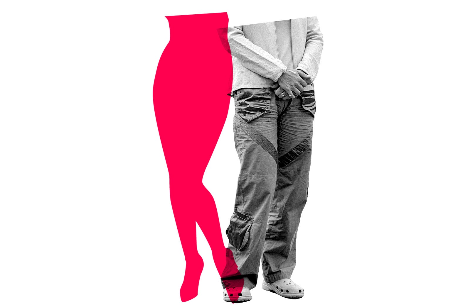 A pink outline of a stereotypical female body next to "male" clothes (chinos, buttondown).