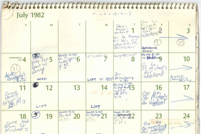 Brett Kavanaugh's calendar for July 1982.
