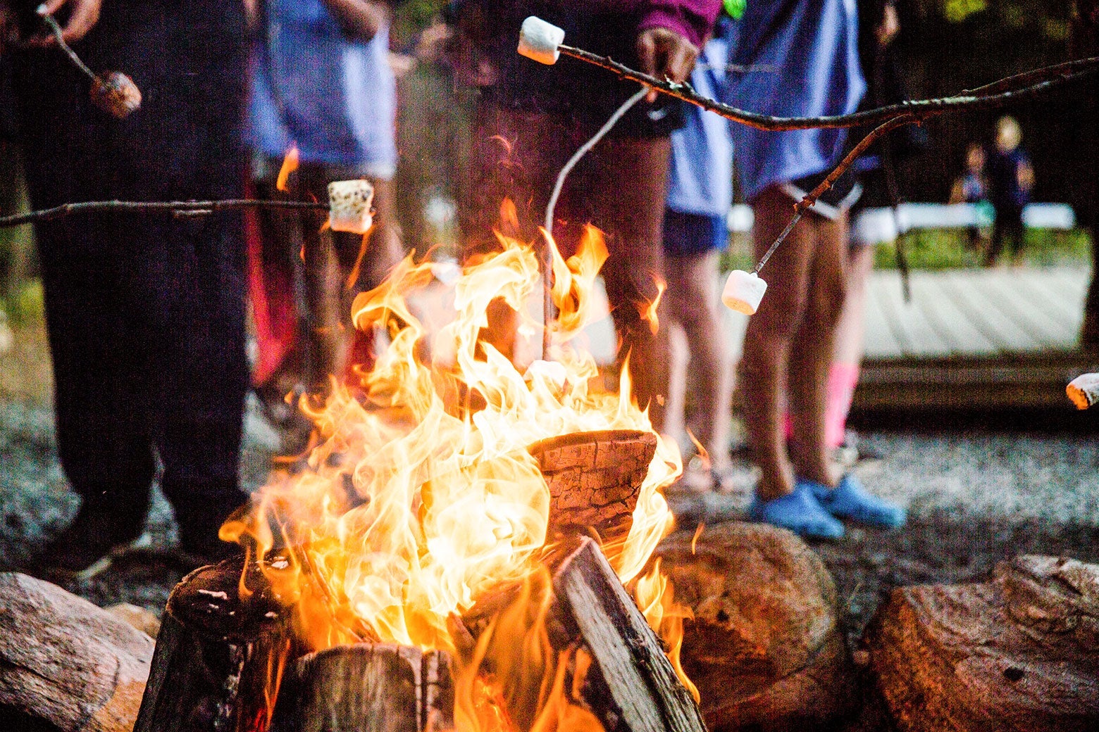 People hold marshmallows on sticks above a campfire.