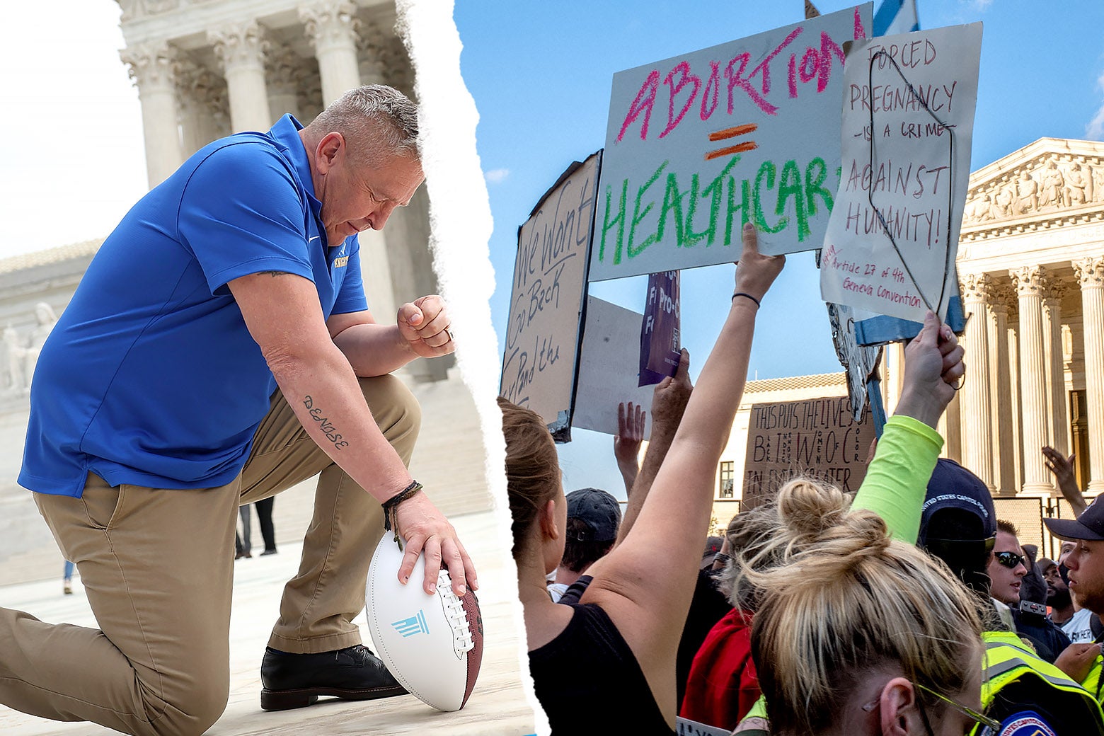 Side-by-side photos of Joseph Kennedy leaning in prayer in front of SCOTUS with a football, and pro-abortion protesters in front of SCOTUS; the photos are shown being torn from each other.
