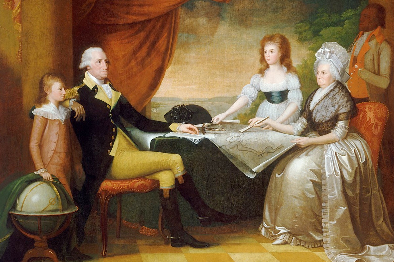 An 18th century oil painting of a family seated around a table: a young brown-haired boy stands behind his white-haired father, who sits cross-legged with his left hand resting on a map. Across the table, a white-haired mother sits as her adolescent daughter, with long brown hair, unfurls the edge of the map.