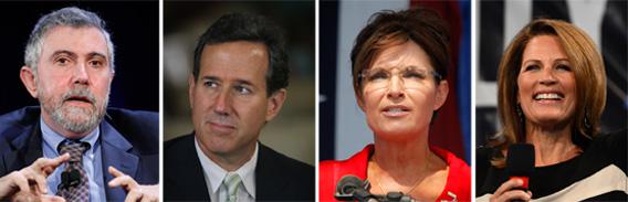 Clockwise Start T-L: Paul Krugman, Rick Santorum, Sarah Palin, and Michelle Bachmann.