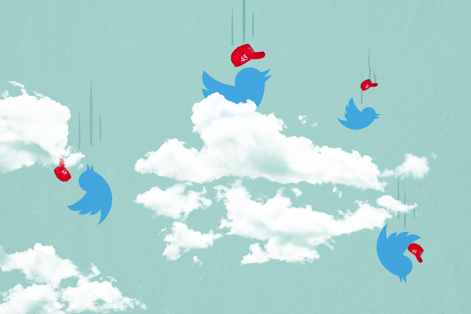 Plummeting Twitter birds wearing red 45 hats.