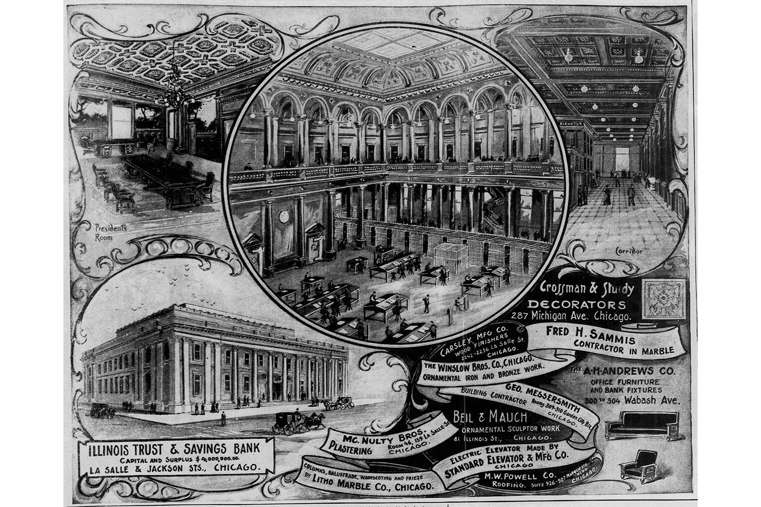 A newspaper illustration of the bank's interior, showing an enormous lobby.