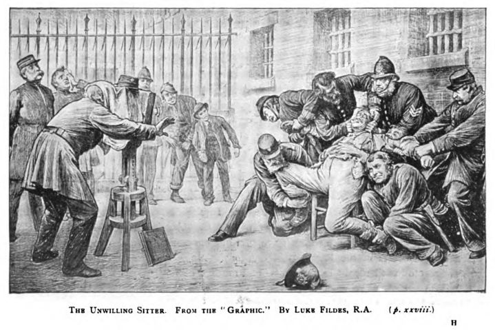 Police officers wrestle a man into place for a photograph in this historic illustration.