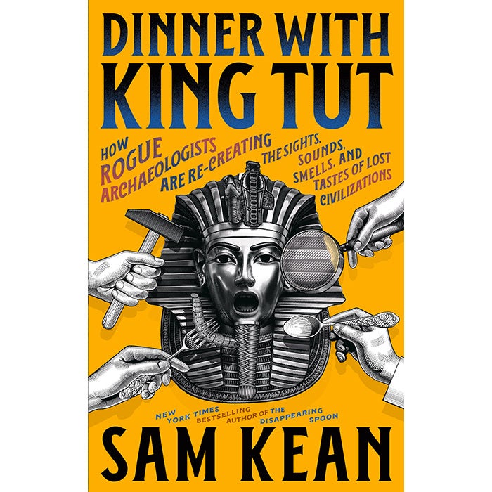 The cover for the book Dinner With King Tut depicting a pharoah head with its mouth open.