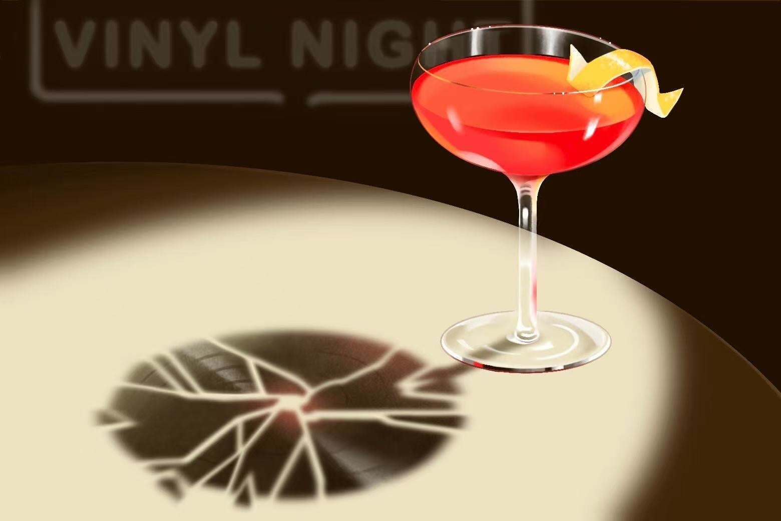 A pinkish-reddish cocktail sitting under the spotlight in a dim bar.