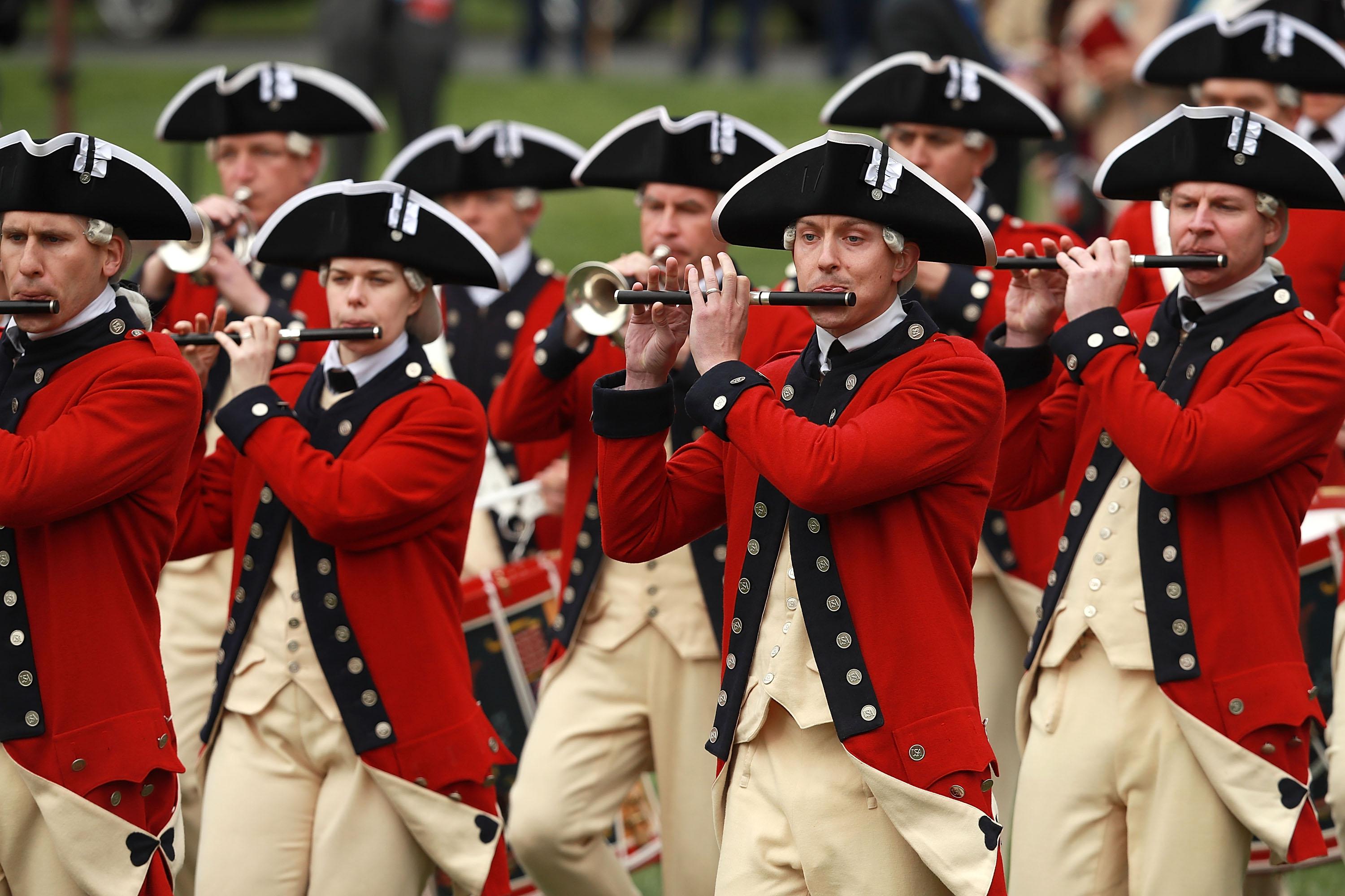 The United States Army Old Guard Fife and Drum Corps perform during the official arrival ceremony for French President Emmanuel Macron on the South Lawn of the White House April 24, 2018 in Washington, DC. Macron is in Washington for a three-day official visit that included dinner at George Washington's Mount Venon, a joint news conference with Trump and he will address a joint meeting of Congress Wednesday. 