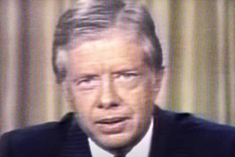 A still of Jimmy Carter making a speech on live television on July 15, 1979.
