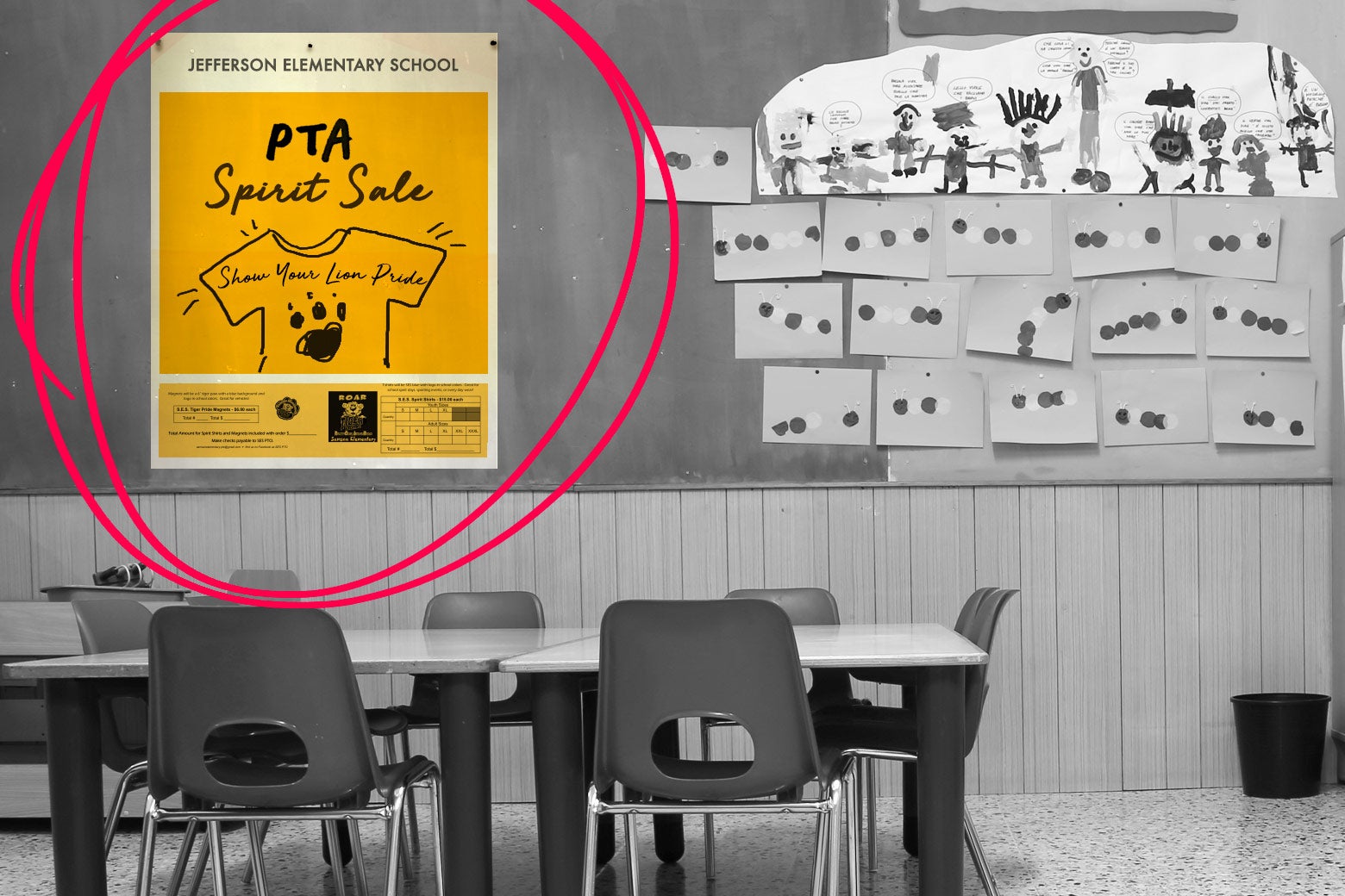 A sign in a classroom that says "PTA spirit sale."