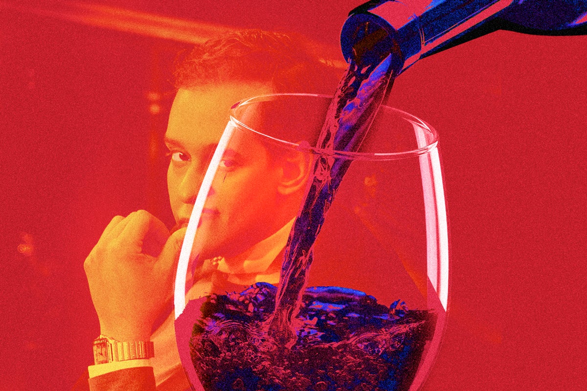 An illustration of a man looking seductively at the camera, with a glass of wine superimposed on top of him.