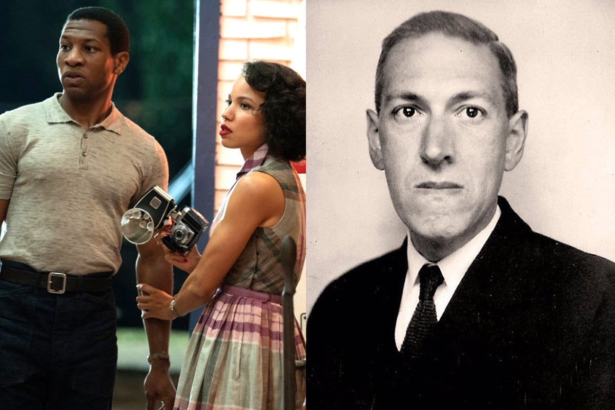 Jonathan Majors and Jurnee Smollett in Lovecraft Country, and H.P. Lovecraft.