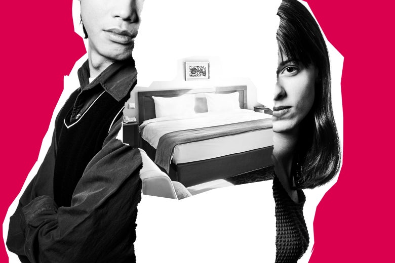 Adult siblings on either side of an image of a hotel bed.