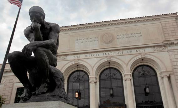 A statue of sculptor Auguste Rodin's 'The Thinker' is seen in front of the Detroit Institute of Arts museum 