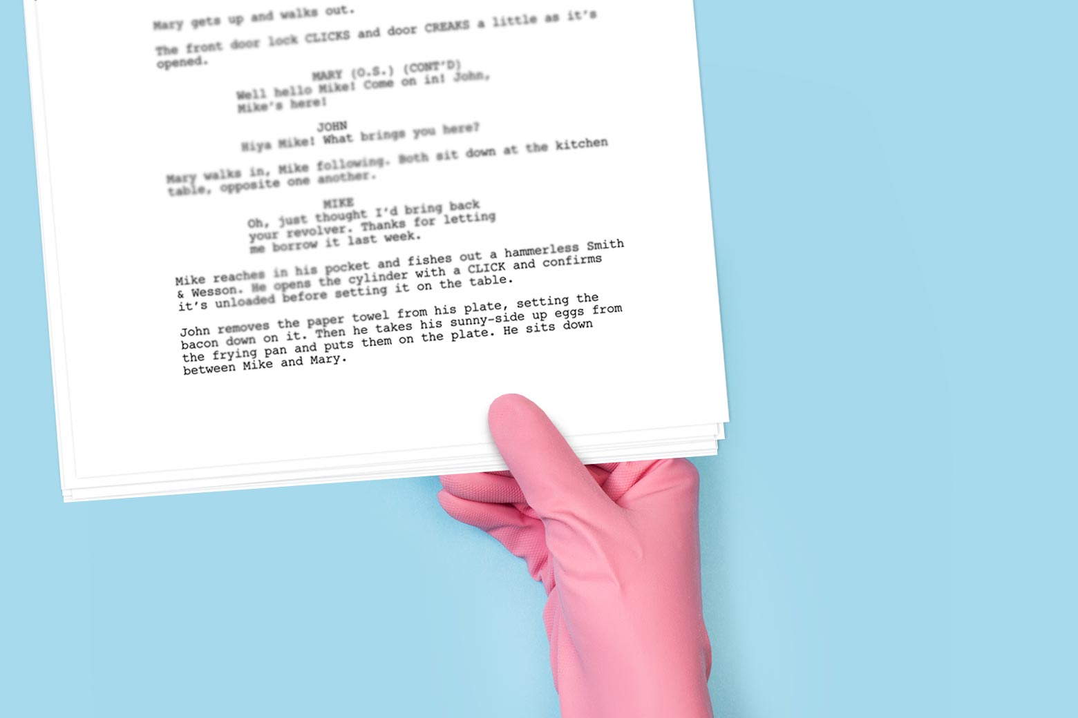 A hand wearing a pink medical glove holds a script.