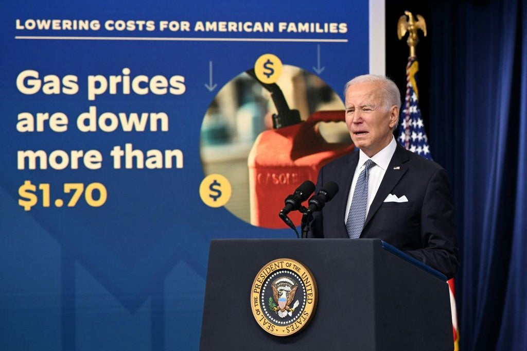 Joe Biden speaks in front of a backdrop that says "Gas prices are down more than $1.70."