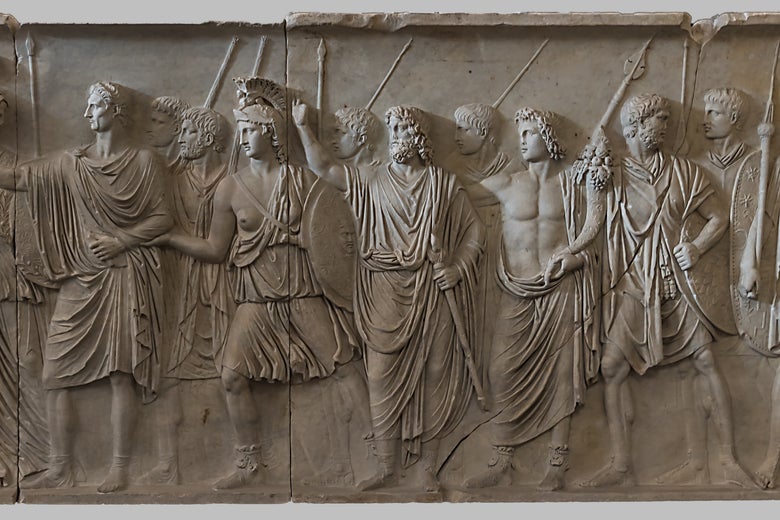 Part of a carved panel with six men.