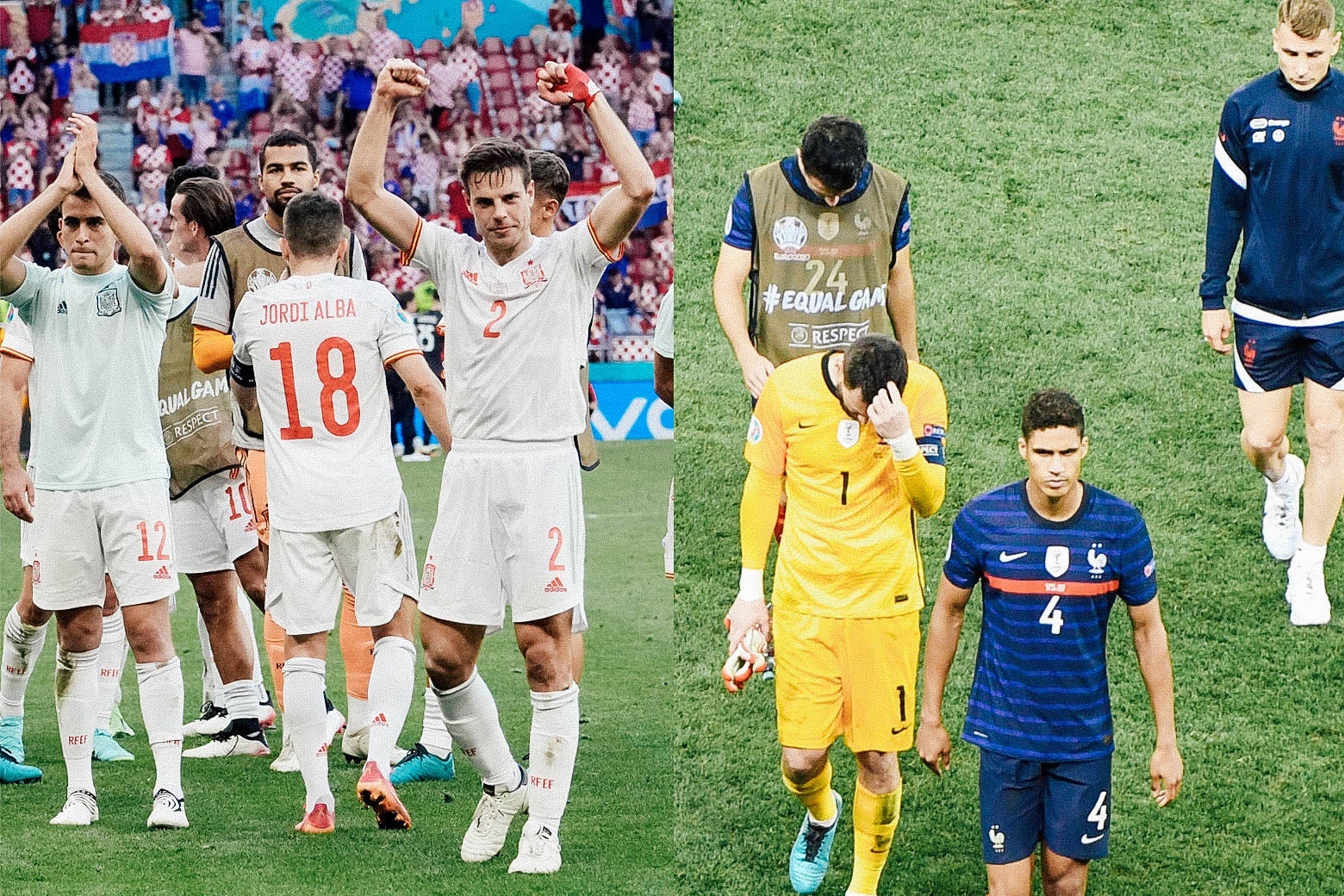 Left: Spain's players celebrate their victory with raised arms at the end of the UEFA EURO 2020 round of 16 football match against Croatia. Right: French players walk off the pitch dejected with their heads down after losing to Switzerland.
