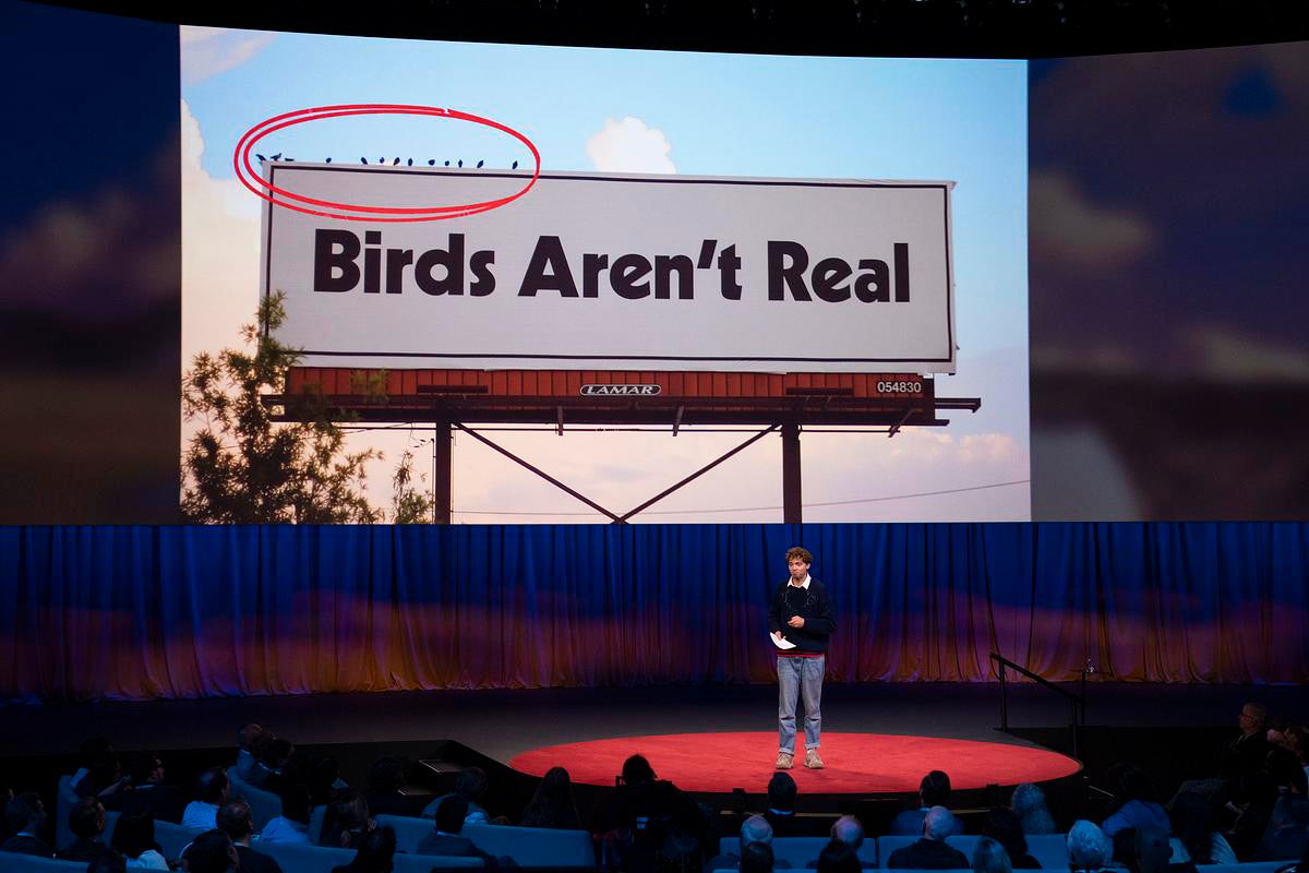 A man stands onstage; projected behind him is an image of a billboard that says "Birds Aren't Real," with a red circle around the actual birds sitting atop the sign.