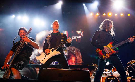 Metallica members, from left, Robert Trujillo, James Hetfield and