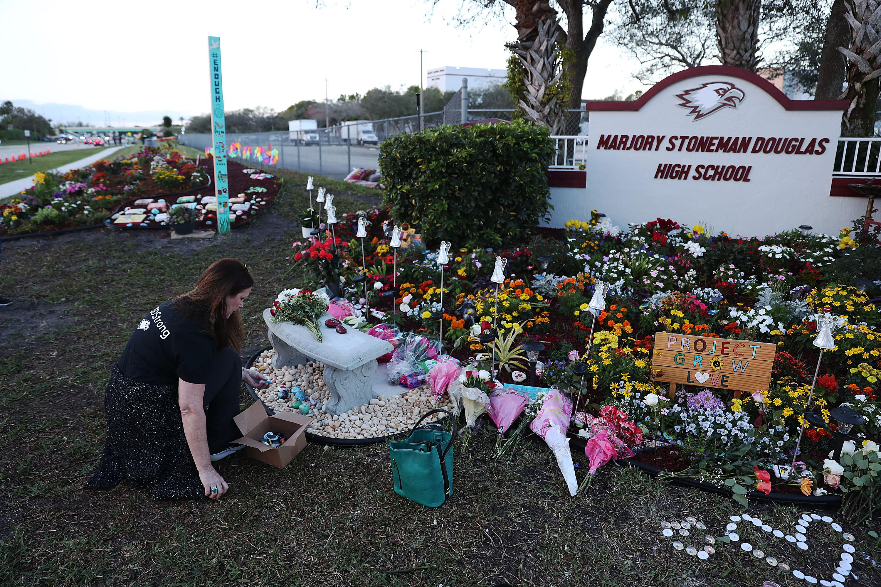 A memorial setup at Marjory Stoneman Douglas High School for those killed during a mass shooting in Parkland, Florida.