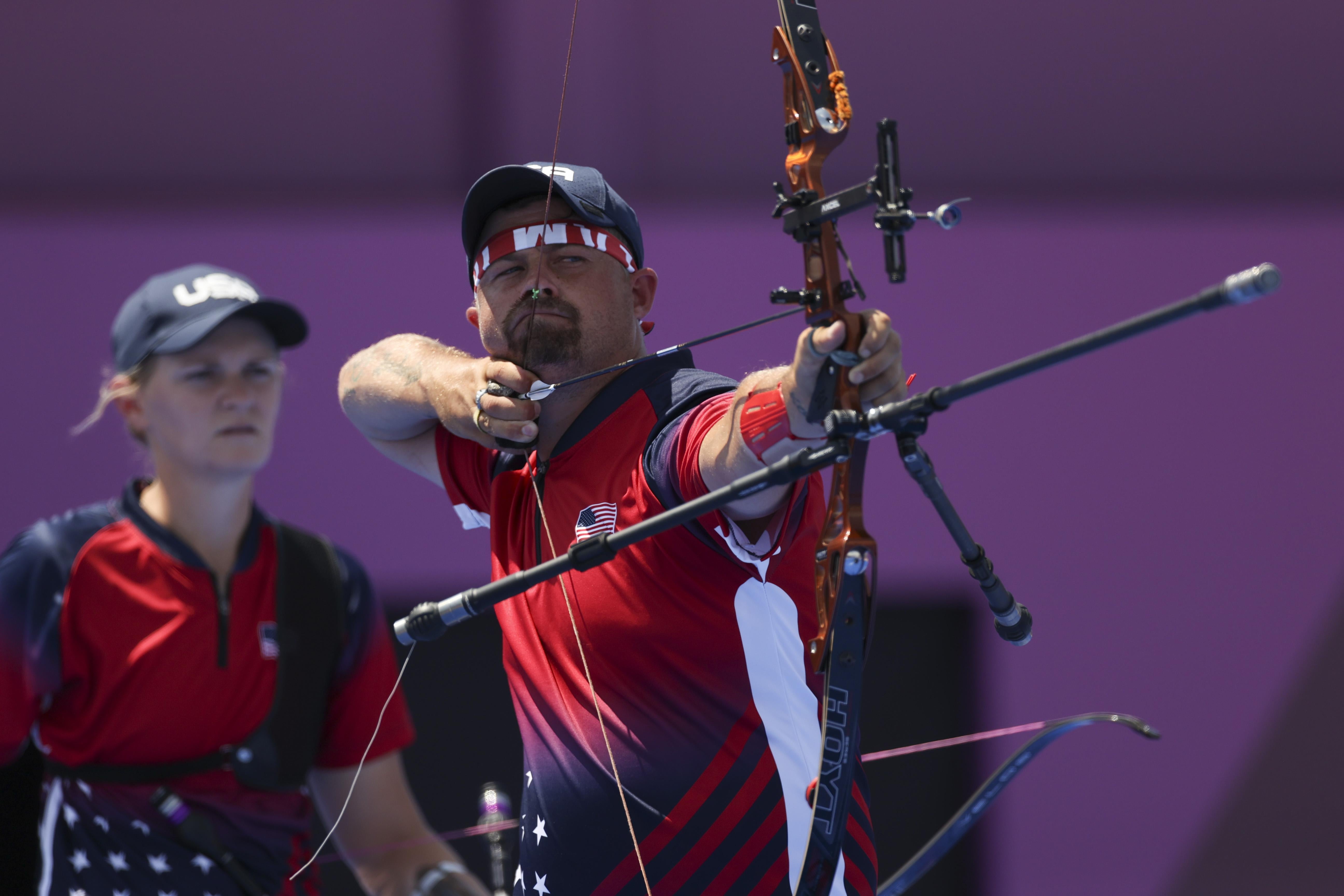 Brady Ellison of Team United States competes in the Mixed Team 1/8 Eliminations on day one of the Tokyo 2020 Olympic Games at Yumenoshima Park Archery Field on July 24, 2021 in Tokyo, Japan.
