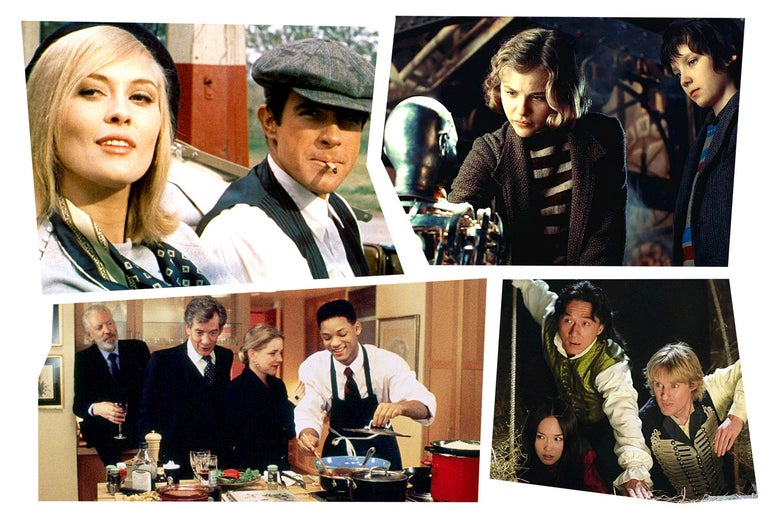 Top left a still of Bonnie and Clyde sitting in a car, top right a still from Hugo of a young girl and boy looking at an automaton, bottom left a still from Six Degrees of Separation with Will Smith cooking in front of a a group of people dressed in business casual clothing, bottom right a still from Shanghai Noon of two men and a woman dressed in showman's clothing peering from the edge of a stage.