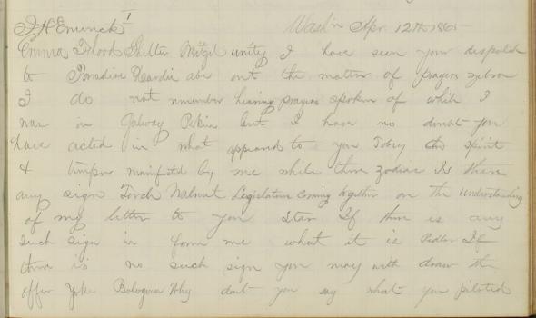 Telegram from President Lincoln to General Weitzel, Apr. 12, 1865, from ledger United States Military Telegraph, War Department, Jan. 21, 1864 - Dec. 7, 1865. 