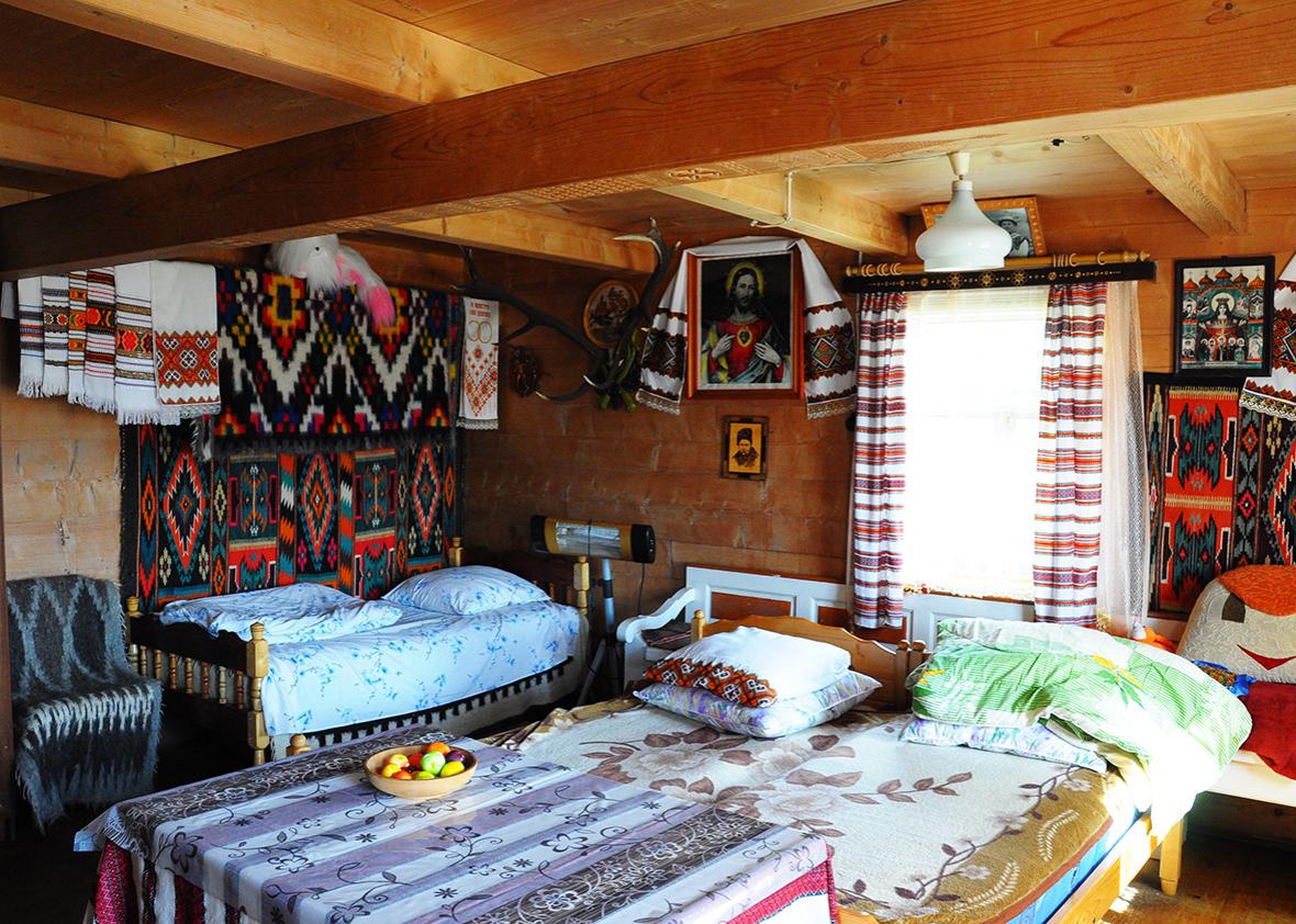 Inside the Illyuk family's colorful bedroom at Pani Maria's cottage.