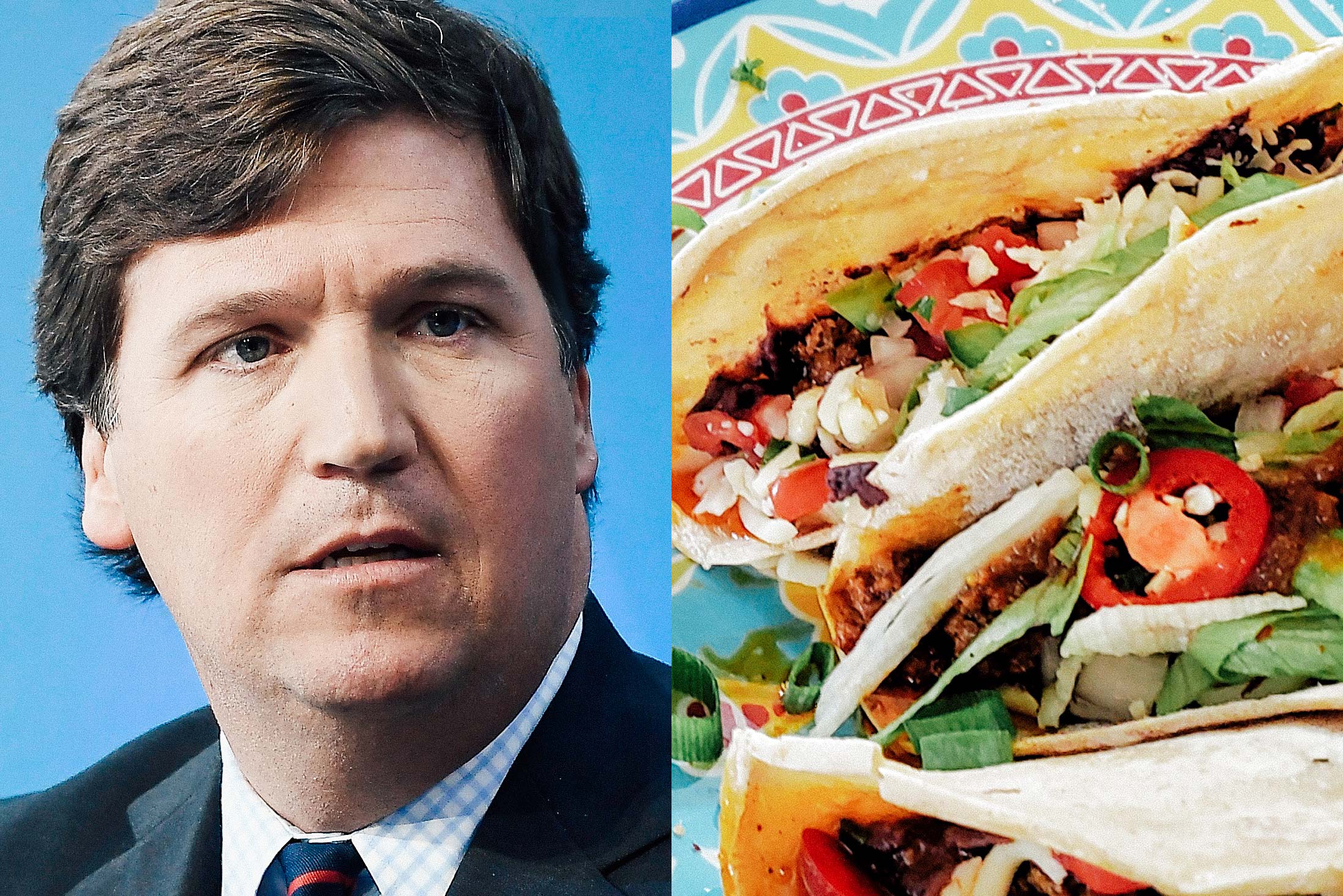 Side-by-side photos: On the left, we have Tucker Carlson. On the right, delicious tacos.
