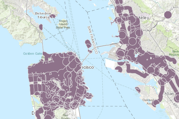 Purple areas show plots within a half-mile of train stations or high-frequency bus routes.