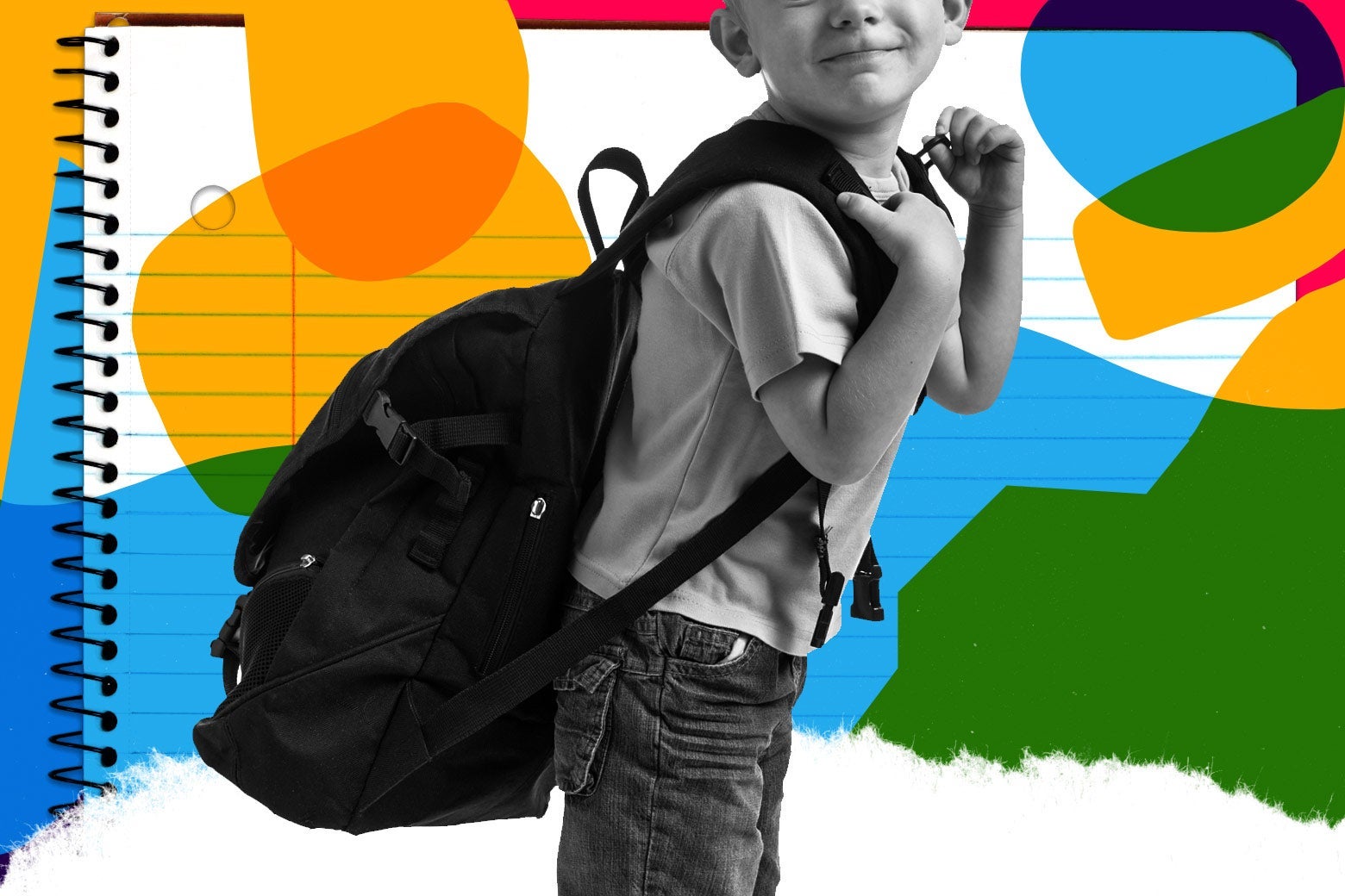 A young boy carries a big, heavy backpack.