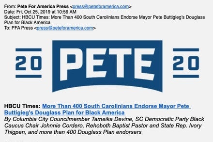 A screen shot of a press release pointing to an article in the HBCU Times titled "More than 400 South Carolinians endorse Mayor Pete Buttigieg's Douglass Plan for Black America."