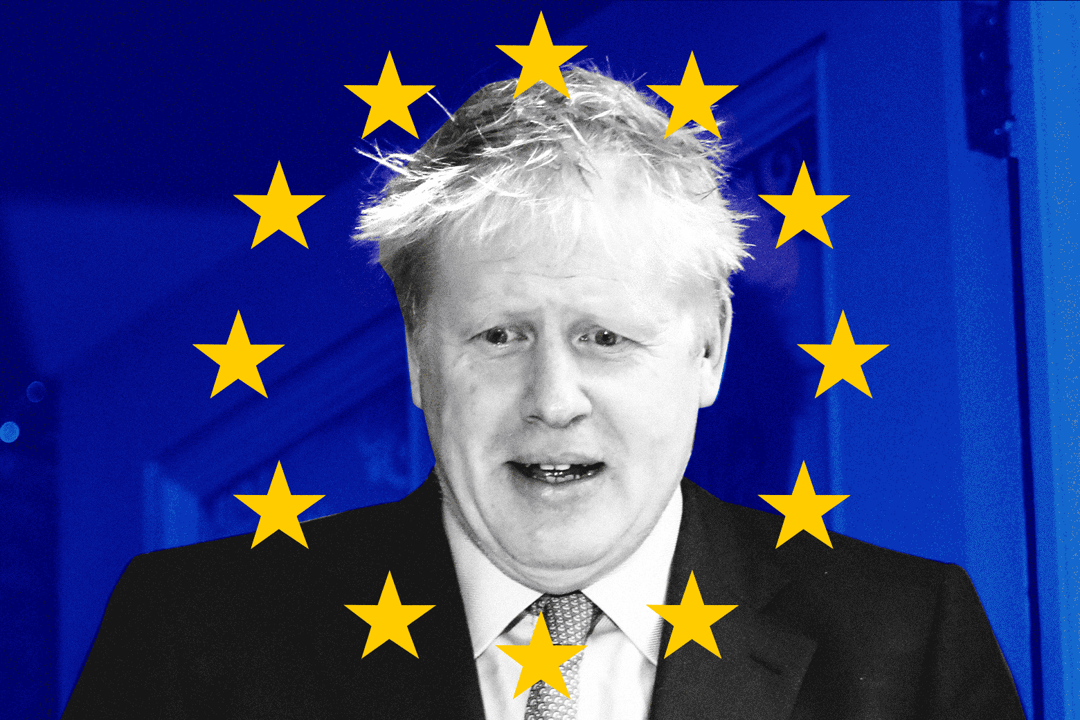 Boris Johnson overlaid with the EU flag, one star blinking.