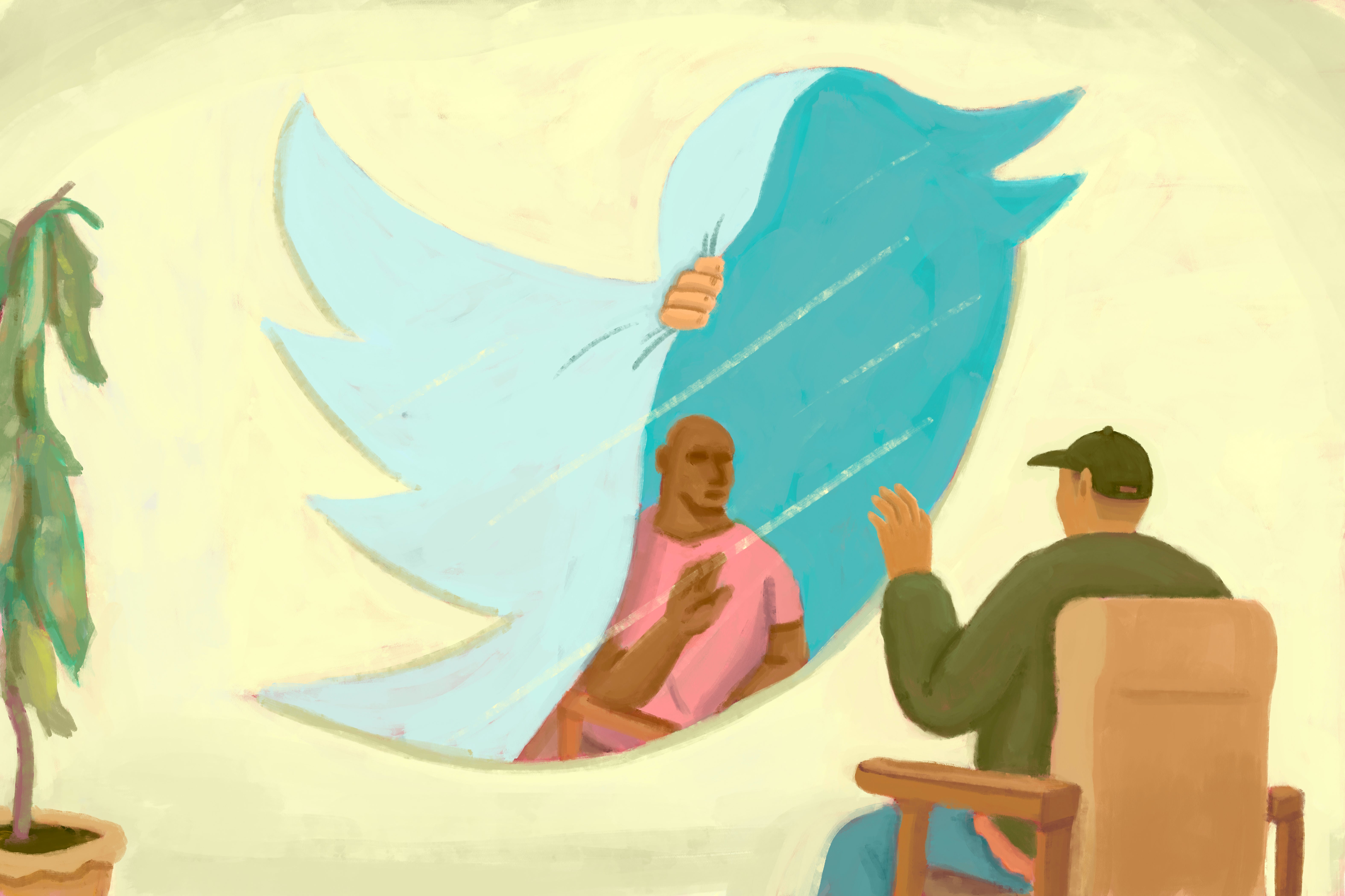 A man seated in a chair waves to another man outside a Twitter-logo-shaped window.