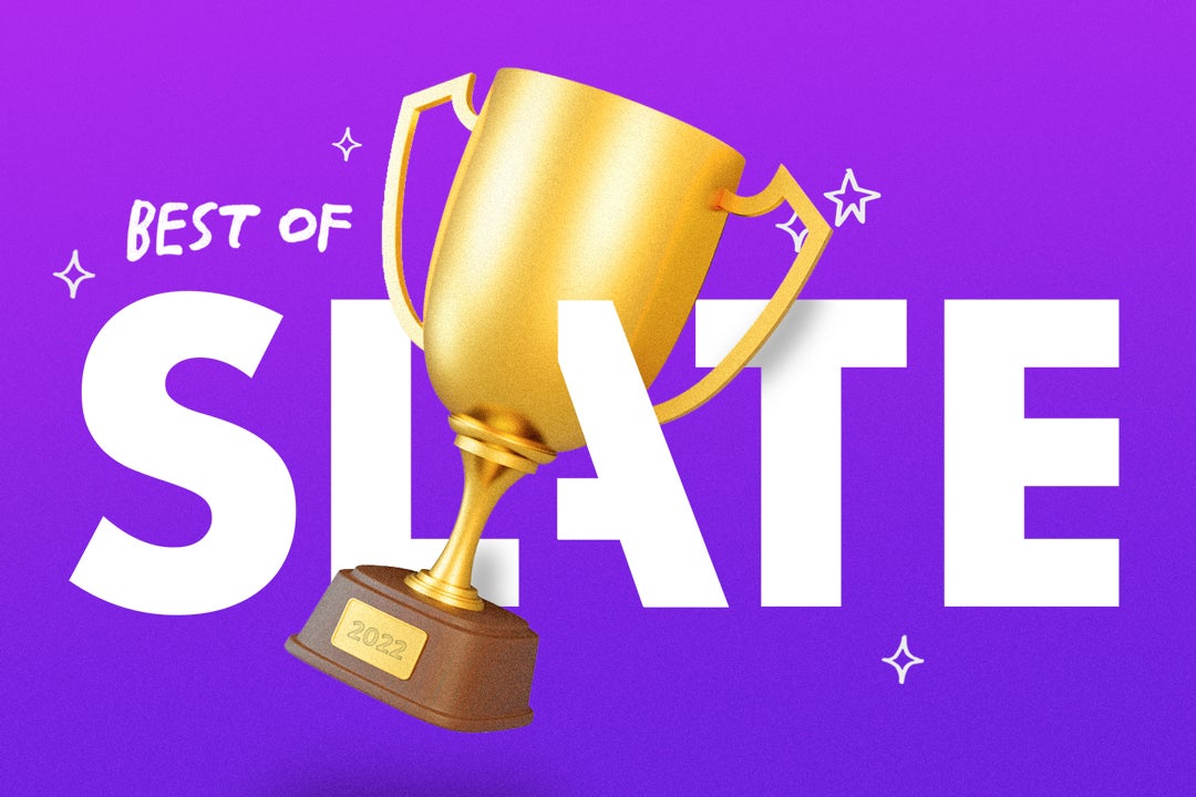 A gold trophy, with the words "Best of Slate" behind it, on a purple background
